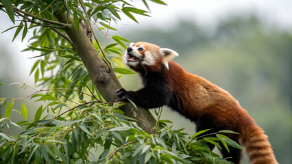 Adorable red panda climbing a tree among lush green foliage