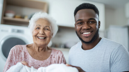 Happy caregiver and senior woman folding freshly washed laundry together in a bright kitchen, enjoying quality time and companionship at home
