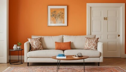 A living room sofa is positioned against an orange wall, A living room sofa is against an orange wall
