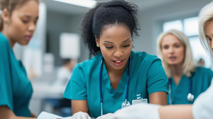 Diverse group of healthcare professionals working together, examining medical records and sharing expertise to provide optimal patient care