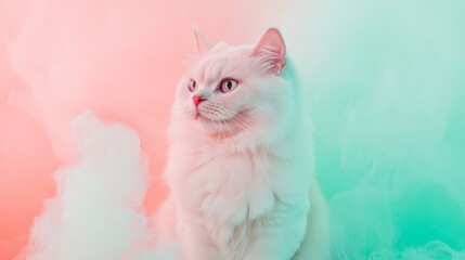 A fluffy white cat gazes intently while surrounded by a misty mix of pink and aqua hues, creating a captivating and whimsical atmosphere of wonder.