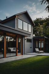 Fototapeta premium Contemporary gray house with large windows, wooden sliding doors, and a patio. The house features a gabled roof and is partially visible in the image. A lawn stretches in front.