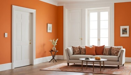 Fototapeta premium A living room sofa is positioned against an orange wall, A living room sofa is against an orange wall