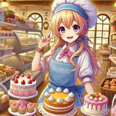 Charming Bakery Display with Pastry Chef Showcasing Delightful Cakes and Desserts