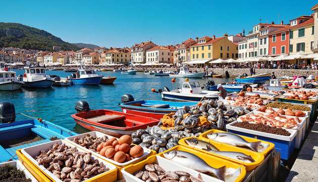 Seafood market by the harbor in a colorful coastal town