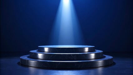 Stage podium with dramatic blue spotlight in dark studio, showcasing a three-level design for creative advertising, award displays, or professional event setups with modern aesthetics
