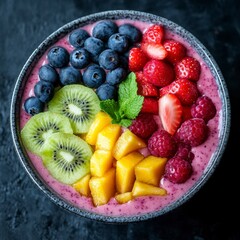 Colorful Fruit Bowl with Fresh Berries, Kiwi, Mango and Mint Leaves on a Dark Background