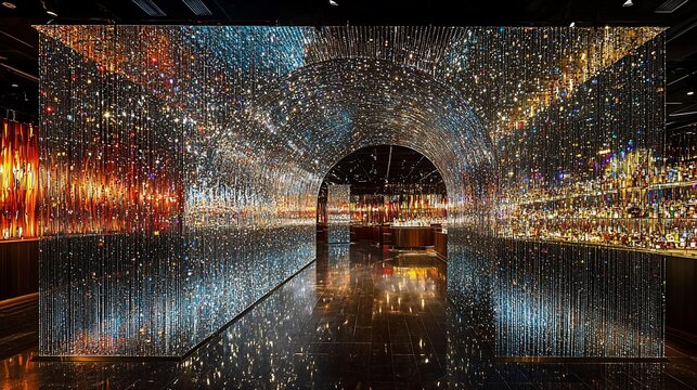 Sparkling crystal tunnel entrance to a luxurious bar.