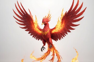 Fototapeta premium Fiery phoenix bird in flight, wings spread, flames ablaze.