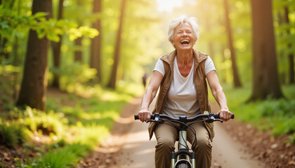 Obraz premium Laughing senior woman cycling through a sunlit forest trail