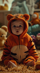 A playful baby sitting on a soft rug, dressed in a tiger-themed orange hoodie with black stripes and tiny ears.