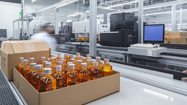 efficient logistics center prepares perfume bottles shipping and retail. Packaged branded boxes products are organized high end boutiques and department stores.