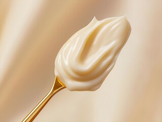 creamy substance on gold spoon, soft texture, light background