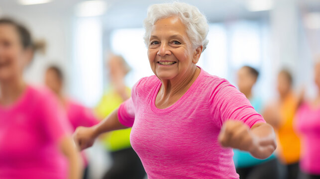 Senior woman participating in low-impact exercise, smiling alongside diverse fitness group within bright, modern studio setting