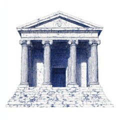 Obraz premium Classic Architectural Illustration of a Grand Ancient Temple with Columns and Stairs in Blue Ink Style