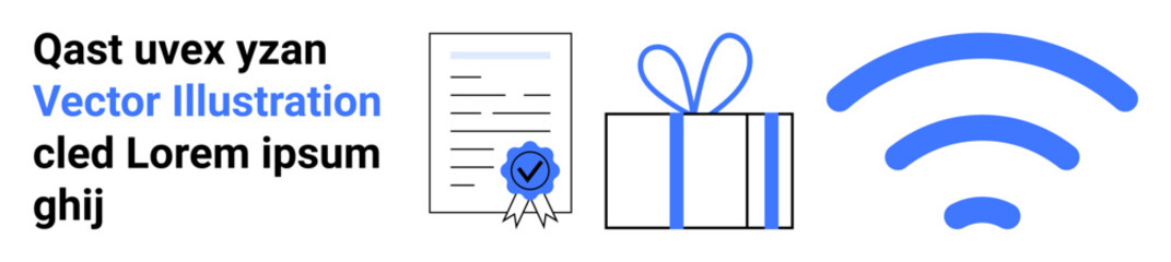 Text block, certified document with blue ribbon, neatly wrapped gift box, wireless symbol for connectivity. Ideal for presentations, branding, education, certification, internet services online