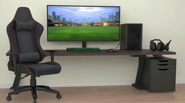 Gamer's setup with city skyline view on monitor, comfortable chair, and PC components. Ideal for gaming blog, articles, or product ads.