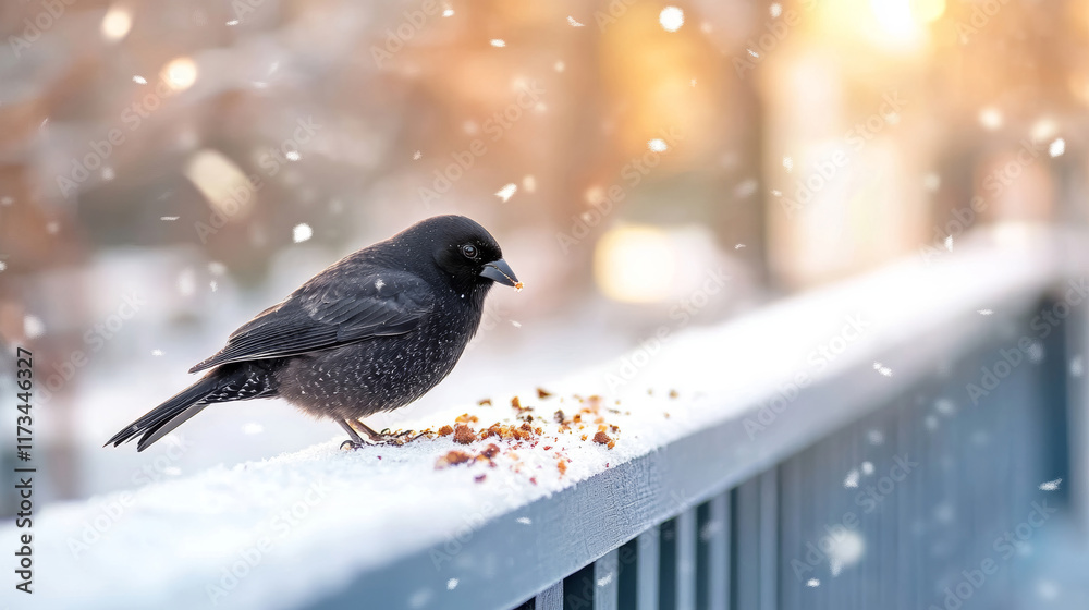 Wall mural blackbird perched on a snow-covered railing enjoys crumbs while snowflakes gently fall around it