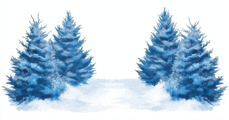 Obraz premium A winter landscape with a white snow background and blue spruce trees on the sides, with snow falling.