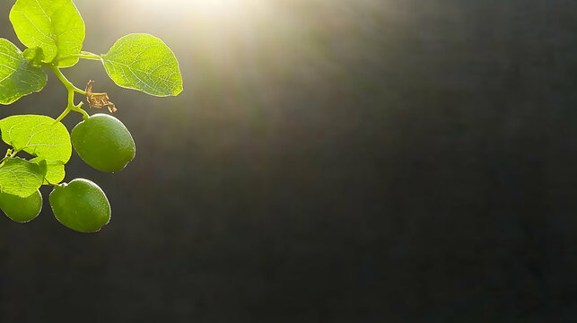 Sunlit green jujubes on branch, dark background, nature backdrop, ideal for food or health blogs.