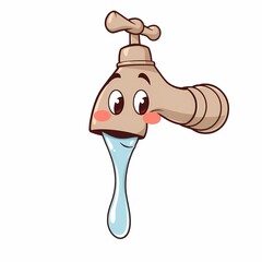 Cute Faucet Cartoon: A charming and whimsical cartoon faucet with a friendly face and blushing cheeks, drips with a sparkling stream of water. Perfect for illustrating water conservation, plumbing.