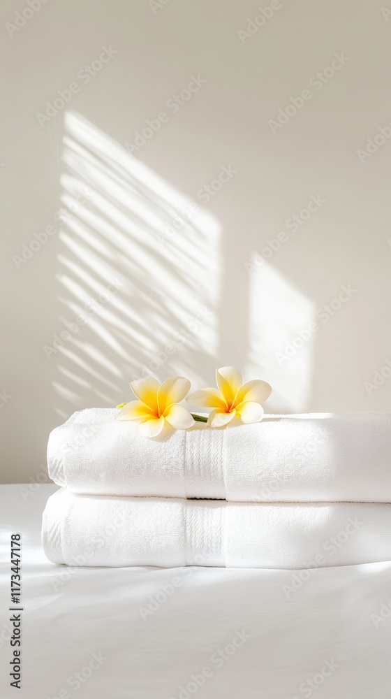 Poster sunlight streaming through window blinds illuminates soft white towels adorned with fresh frangipani