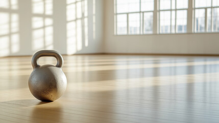 Heavyweight kettlebell resting on gleaming hardwood floor, sunlight streaming through expansive windows in minimalist fitness space