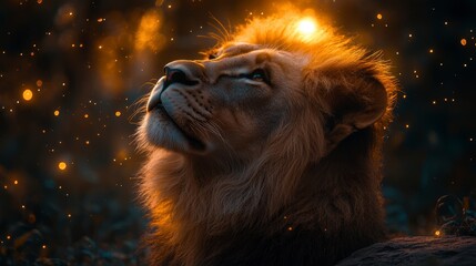 Naklejka premium Majestic lion gazing upwards at night, illuminated by warm light and sparkling dust.