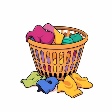 Laundry Day Illustration: A cheerful cartoon illustration of a laundry basket overflowing with colorful clothes, capturing the essence of domestic life and household chores.  
