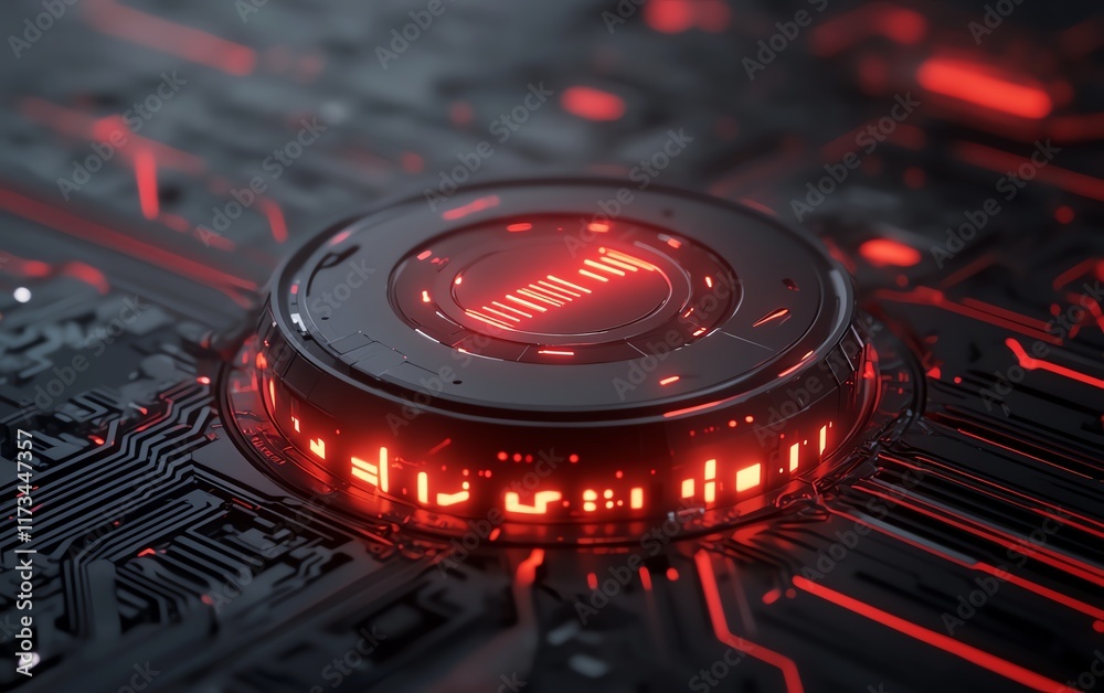 Poster digital closed padlock hovering over virtual button, high speed security technology, micro circuit b