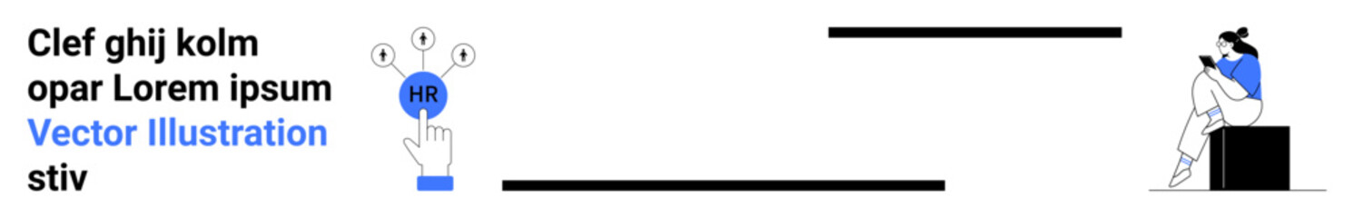 Fototapeta premium Hand pointing at HR icon with connected nodes, figure sitting on a box deep in thought, blue and white accents. Ideal for HR, recruiting, teamwork, productivity, job search, career development