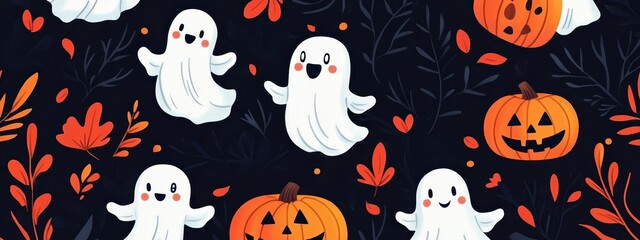 Fototapeta premium Halloween pattern, cute cartoon ghosts, jack-o-lanterns, falling autumn leaves, dark background, playful spooky design, kawaii style, orange and white on black, seamless repeat pattern, festive holida