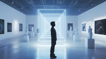 Fototapeta premium A 3D virtual gallery in the metaverse featuring interactive sculptures, digital art floating in holographic frames, and avatars appreciating the artwork in a spacious, understated area