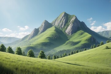 Fototapeta premium Lush green mountain landscape, rolling hills, sunny day, tranquil scenery.
