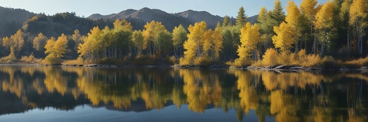 Fototapeta premium The tranquil atmosphere of a lake with aspen trees reflected in its calm waters in the Boise area, reflection, boise, aspen