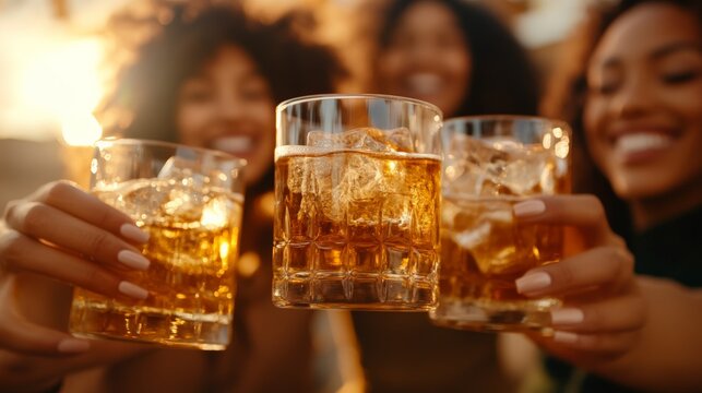 Three cheerful women are holding whiskey glasses with ice, toasting and celebrating during a summer holiday evening, enjoying the golden hour light