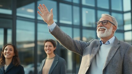Retiree waving goodbye to coworkers outside an office building