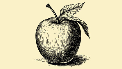 Intricate vintage apple engraving in black and sepia tones with detailed linework, illustration