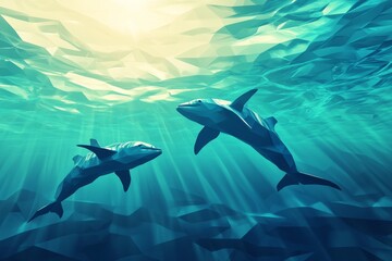 Fototapeta premium Two sharks swimming in the ocean. The water is blue and the sun is shining