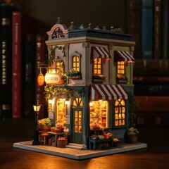 Obraz premium Miniature flower shop diorama, cozy storefront, warm glowing windows, street lamp, detailed architectural model, tiny potted plants, intricate dollhouse, soft night lighting, charming facade, miniatur