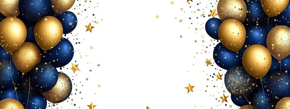 Festive balloons, gold and navy blue spheres, confetti, celebration backdrop, white background, party decorations, shiny metallic balloons, elegant event design, golden glitter, holiday atmosphere, lu