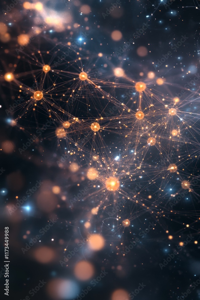 Poster glowing neural network with points of light and abstract connections in dark space background