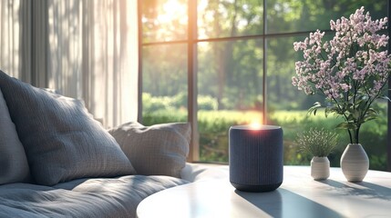 Smart speaker on coffee table in sunlit living room.
