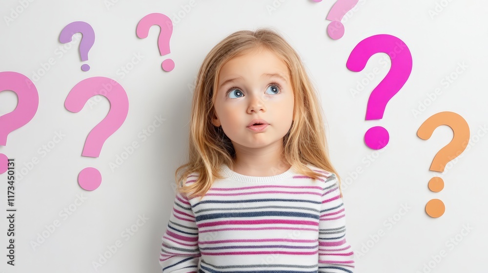Poster preschool girl looking up with a curious expression at colorful question marks on a white background