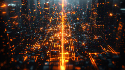 Fototapeta premium Circuitry glowing within futuristic city skyline at night