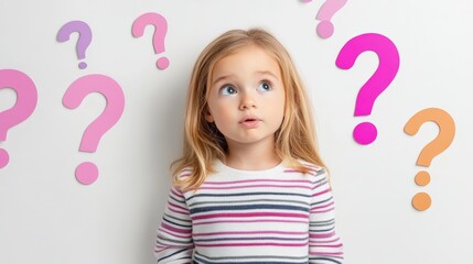 Preschool girl looking up with a curious expression at colorful question marks on a white background, representing childhood curiosity, questions, and learning