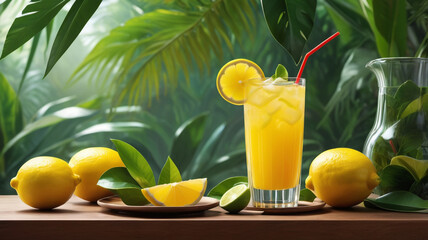 Fresh orange juice in glass cup next to a sliced orange