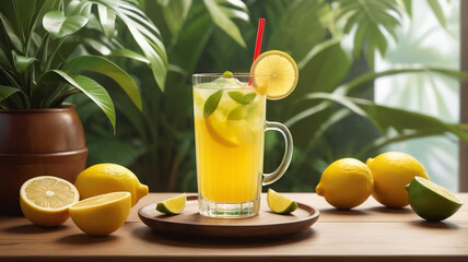 Fresh orange juice in glass cup next to a sliced orange