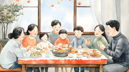 Chinese New Year celebration dining concept. A warm family gathering around a table filled with delicious food.