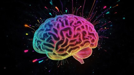 Fototapeta premium Colorful neon brain, vibrant rainbow colors, anatomical brain illustration, glowing neural pathways, cosmic background, stars, digital art, 3D rendering, psychedelic, neuroscience visualization, abstr
